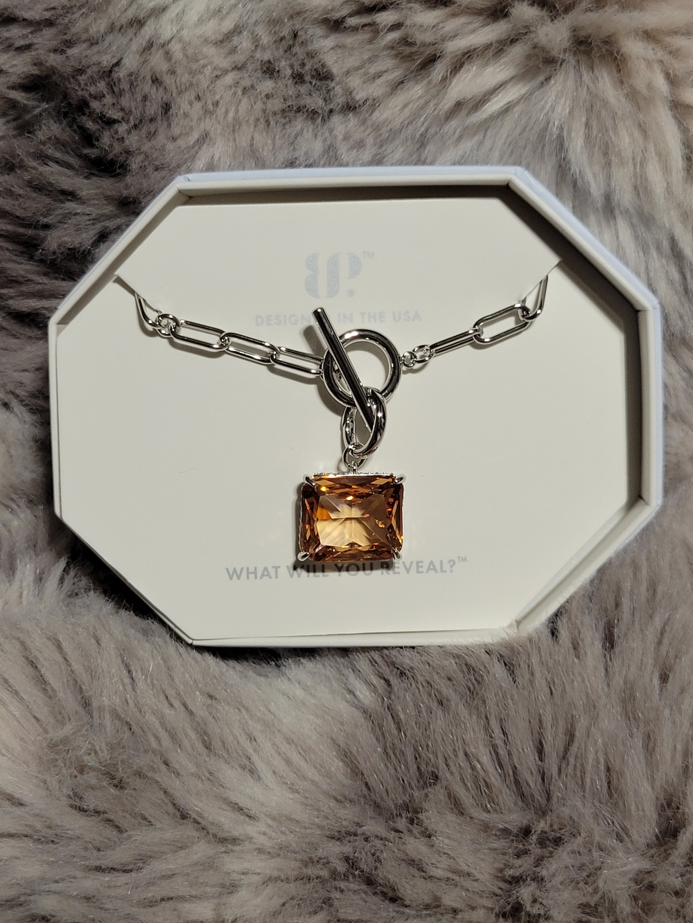 Silver Chain Necklace with Amber Square Crystal Pendant